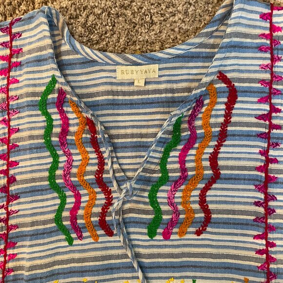 Size Large Anthropologie Ruby Yaya blue white stripes embroidered cotton dress - Picture 2 of 14